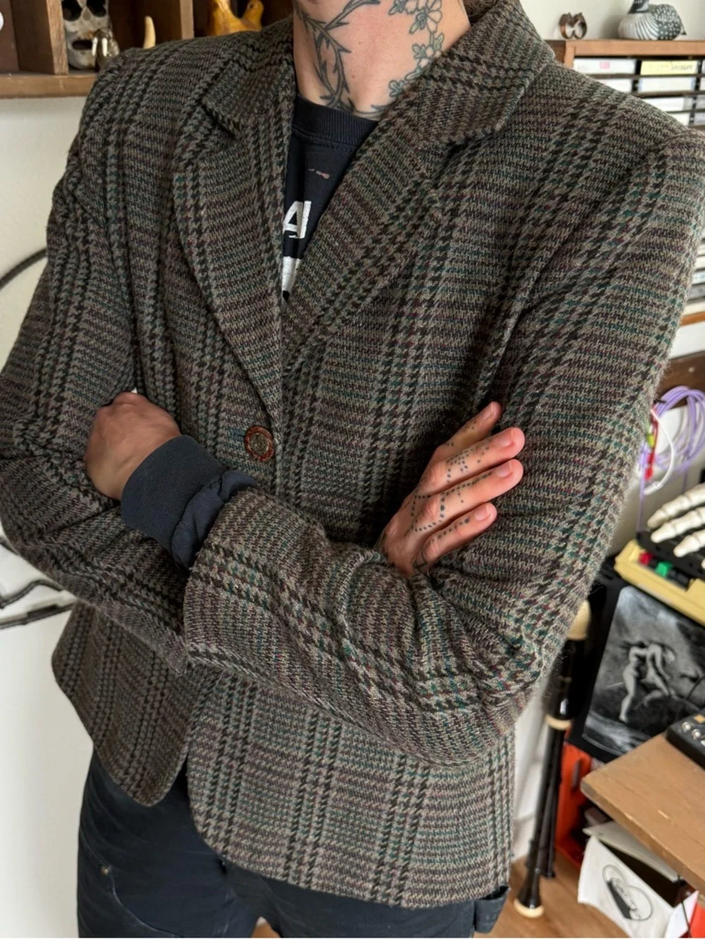 Vintage 90s 2000s Houndstooth Plaid Wool Blend Blazer ~ Size Small - Picture 4 of 9